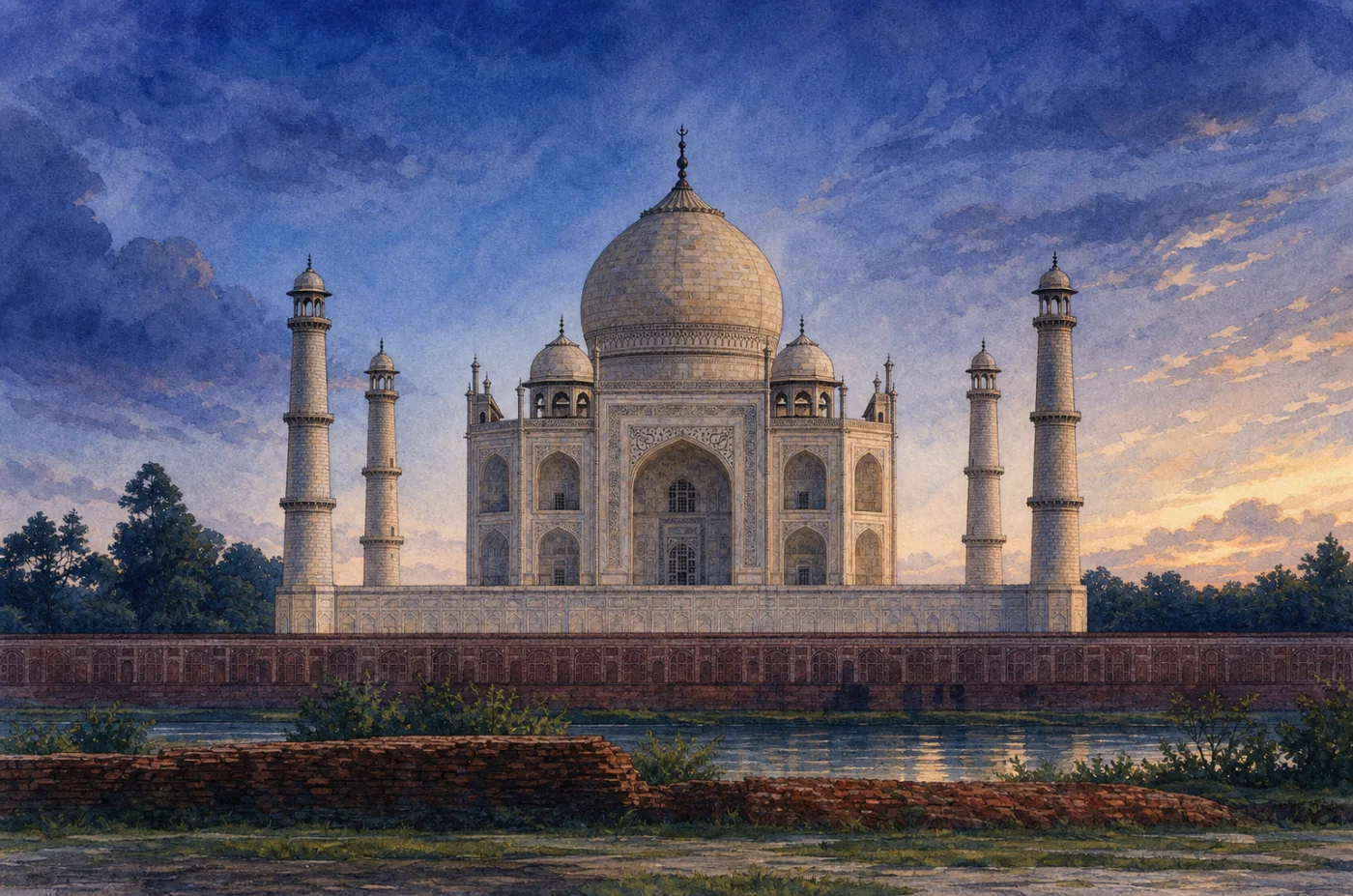 Illustration of the Taj Mahal viewed from Mehtab Bagh across the Yamuna